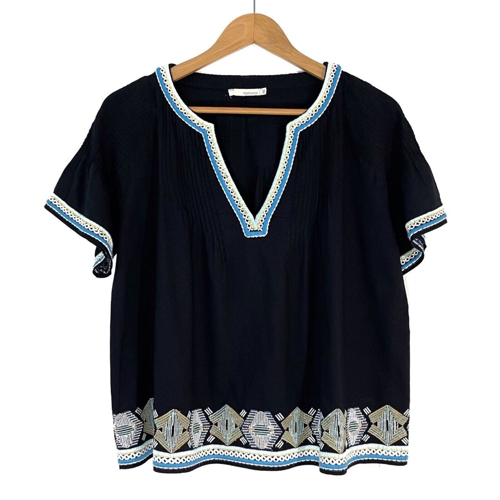 Townsen Women’s Size XS Black Multi Hunter Pintucked Embroidered 100% Cotton Top